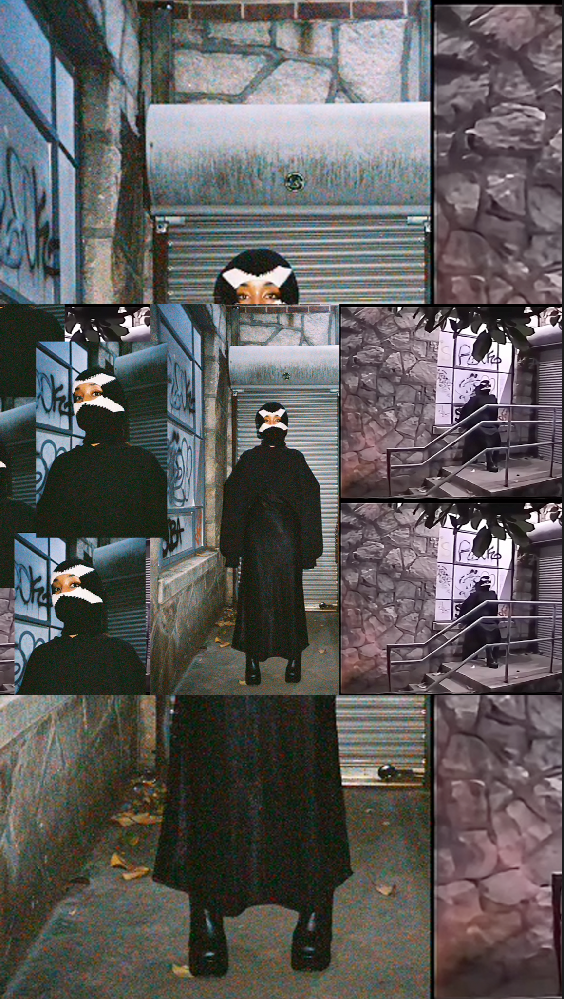 Person in a long coat walking up a set of stairs with a collage of stone walls and metal doors.